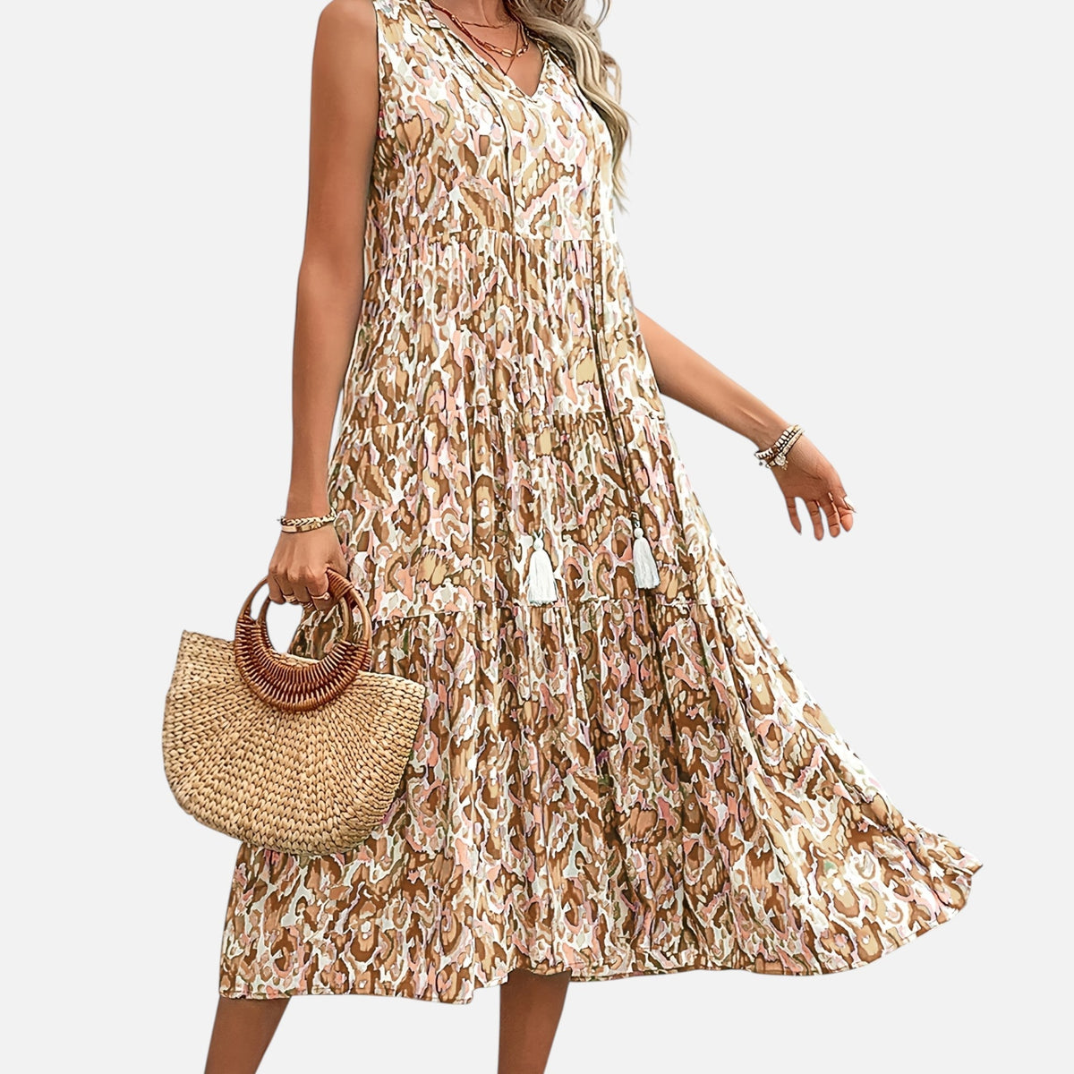 Montavero | Robe Femme Bohème Sans Manches – Imprimé à Pampilles