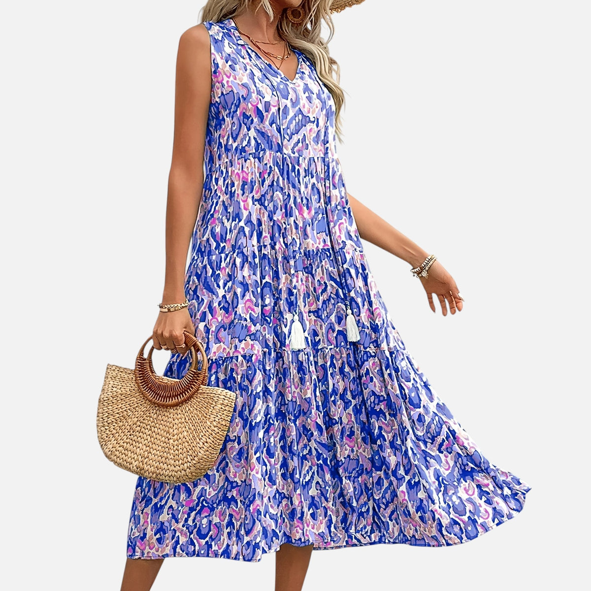 Montavero | Robe Femme Bohème Sans Manches – Imprimé à Pampilles