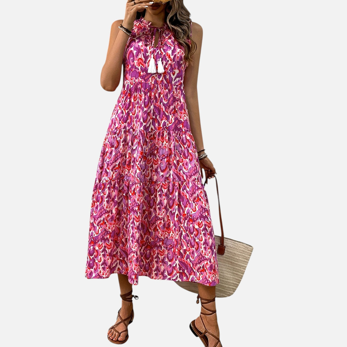 Montavero | Robe Femme Bohème Sans Manches – Imprimé à Pampilles